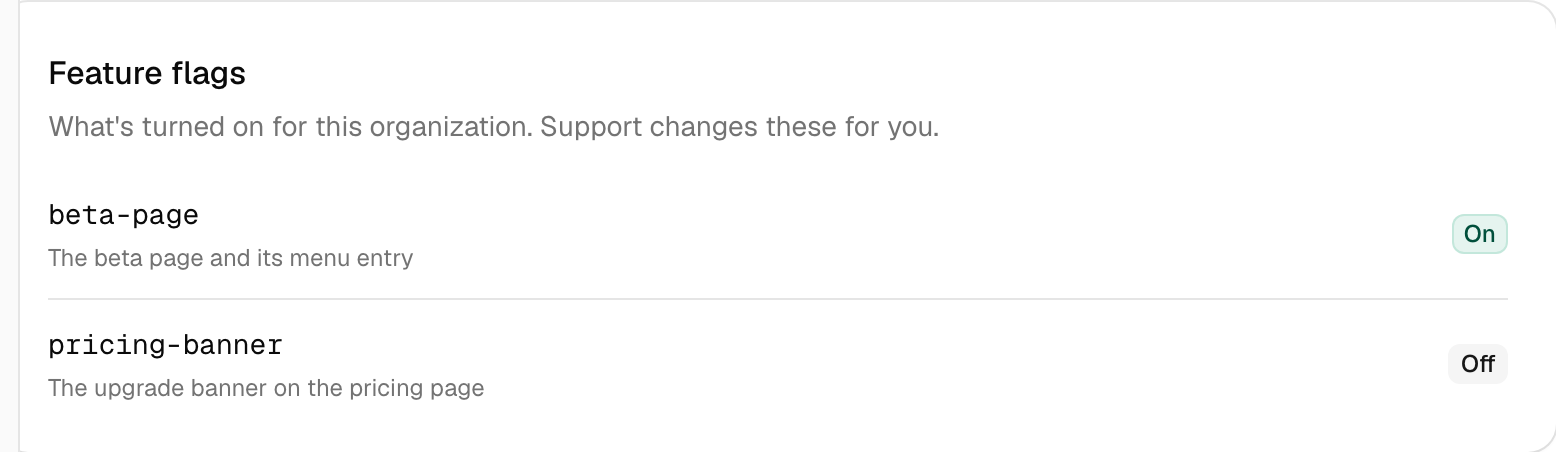 Feature flags in the Next.js example, signed in as the seed user
