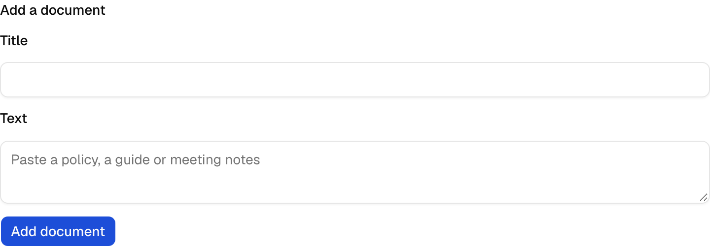 Knowledge base upload in the Next.js example, signed in as the seed user