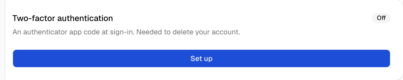 Two-factor setup in the Next.js example, signed in as the seed user