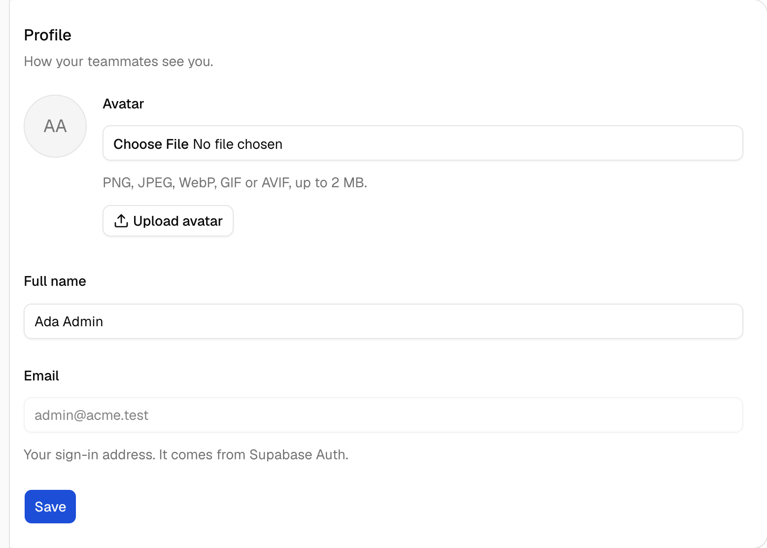 Profile form in the Next.js example, signed in as the seed user